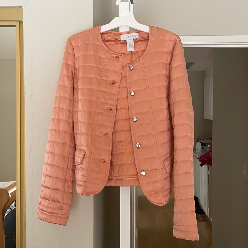 Stunning Marshall Field’s vintage coral silk jacket. Size 6. Y2K